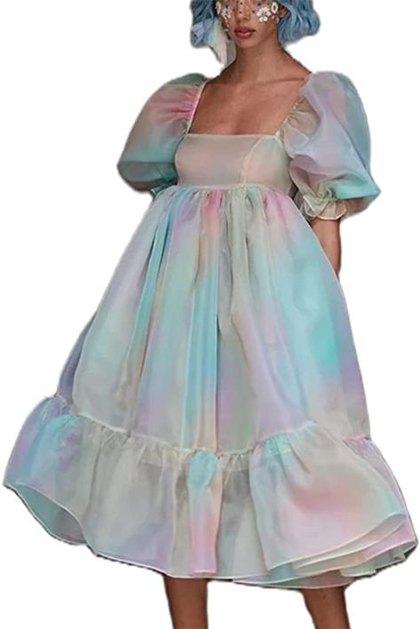 Piacakece Women Cute Puffy Dress Printed Bell Sleeve Square Neck Mesh Ruffle Bubble Dress (E-Colorful, M) at Amazon Women’s Clothing store Mini Summer Dresses, Tulle Princess Dress, Dresses Corset, Puffy Dresses, Organza Dress, Bubble Dress, Fashion Images, Mini Dresses Summer, Costume Dress