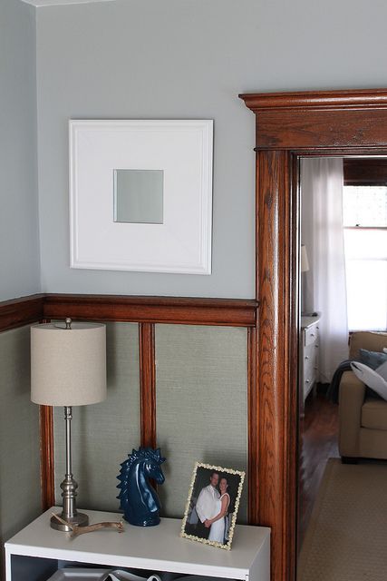 Wood Trim by Decor Adventures, via Flickr Stained Wood Chair Rail, Blue Walls Wood Trim, Colors With Wood Trim, Doorway Trim, Painting Wood Trim, Stained Wood Trim, Dark Wood Trim, Dark Academia Room Decor, Interior Paint Colors Schemes