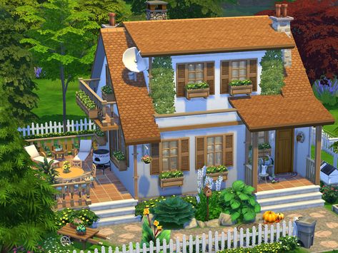 Sims House Build Ideas, Sims Cute House, Farm Sims 4 House, Sims 4 House With Garden, Sims 4 Houses Outside, Sims Yard Ideas, Sims4 No Cc House, Sims 4 Small Farmhouse, Sims House No Cc