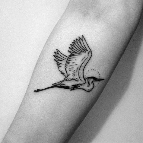 Unique Small Simple Inner Forearm Bird Mens Heron Tattoos #tattooideasforwomen Pelican Tattoo, Heron Tattoo, Crane Tattoo, Vogel Tattoo, Handpoke Tattoo, Bird Tattoo, Nature Tattoos, Birds Tattoo, Forearm Tattoos