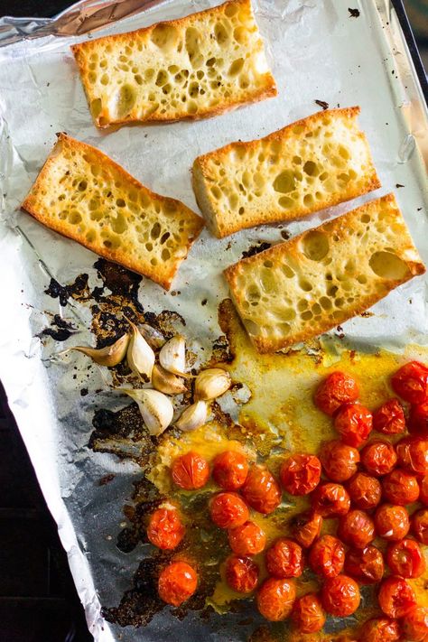 These oven roasted tomatoes on toasted bread are an easy and delicious lunch. They are made more flavorful with roasted garlic and fresh basil! Roast Garlic And Tomatoes, Roasted Tomatoes And Garlic Oven, Roasted Garlic And Tomatoes, Roasted Tomatoes And Garlic, Football Apps, Roasting Garlic In Oven, Fresh Tomato Pasta, Tomatoes On Toast, Garlic Spread