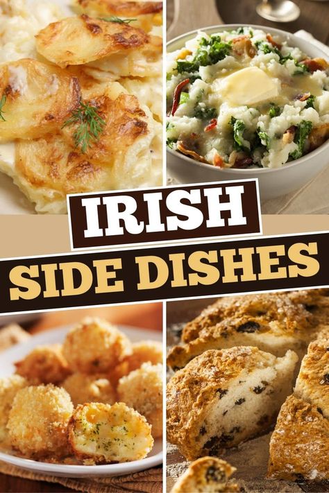 These classic Irish side dishes are the perfect complement to your meal. From colcannon to soda bread to cabbage and bacon, give your sides an Irish makeover. Irish Food Potluck, Pub Side Dishes, Irish Potato Salad Recipe, Sides For St Patricks Day, St Pattys Side Dish, Scottish Side Dish Recipes, Irish Sides Recipes, Irish Brunch Recipes, Easy Irish Recipes Simple