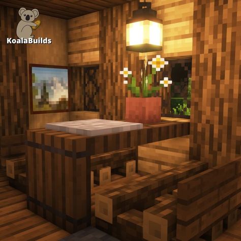 Tap for full tutorial Minecraft Small Cafe Ideas, Minecraft Crafting Station Ideas, Loft Minecraft Ideas, Minecraft Outside Table, Mincraft Idea Cafe, Minecraft Home Interior Kitchen, Minecraft Crafting Area Ideas, Minecraft Sitting Room Ideas, Spruce Bedroom Minecraft