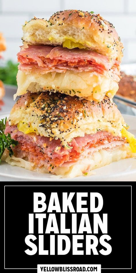 Baked Italian Sliders Manwhich Sliders, Baked Italian Sandwich, Pull Apart Italian Sub Sliders, Baked Italian Sliders, Italian Sub Sliders Recipes, Potluck Sliders Easy Recipes, Italian Deli Sliders, Sandwiches For A Crowd Make Ahead Cold, Mini Italian Sandwiches