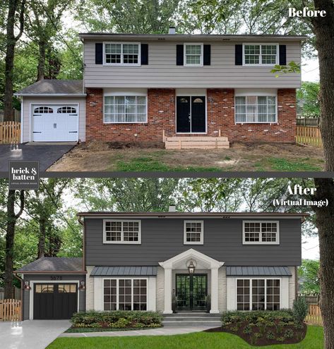 Colonial House Exteriors, Painted Houses, Houses Exterior, Painted Brick House, House Makeovers, Exterior House Remodel, Brown Roof, Colonial Exterior, Home Exterior Makeover