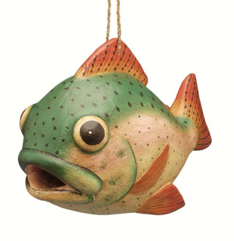 Fishermen are sure to agree that the Trout Shaped Birdhouse is quite the catch! This hand painted birdhouse looks like a real trout. Birds fly in the mouth. Painted Birdhouses, Hand Painted Birdhouses, Wood Birdhouses, Black Forest Decor, Wooden Bird Houses, Gourds Birdhouse, Bird Houses Painted, Wood Bird, Non Toxic Paint