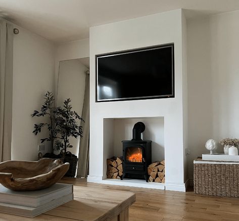 Lounge With Log Burner And Tv, Fireplace With Log Burner Ideas, Wood Stove Tv Wall, Kitchen Log Burner Ideas, Entertainment Wall With Log Burner, Log Burner And Tv Wall, Tv Log Burner Wall, Media Wall With Electric Log Burner, Built In Log Burner