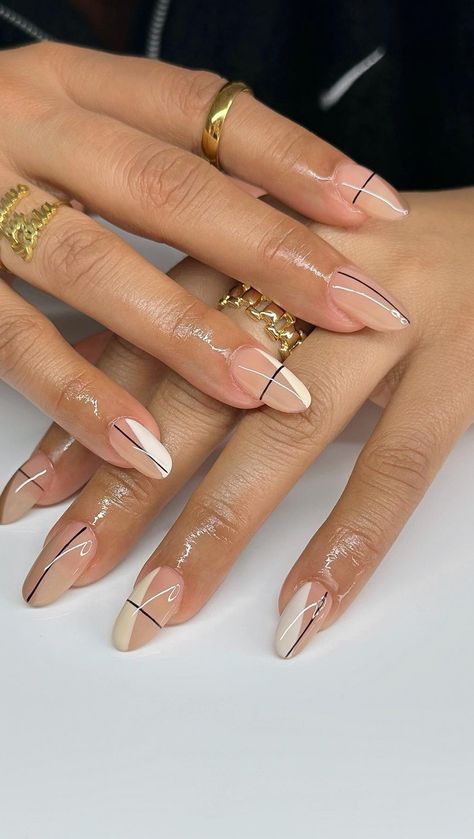 Glam Oval Nails, Line Design On Nails, Gelx Apres Nails Short, Round Natural Nails, Neutral Abstract Nails, Nude Abstract Nails, Clear Nails Ideas, Modern French Manicure Trends, Gelx Apres Nail Designs