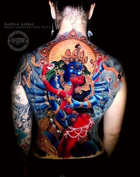 The Hindu Goddess Kali by Revo, owner of Over Ink Tattoo in Java and artist at Luxury Ink, Bali. Kali Back Tattoo, Kali Tattoo, Hindu Tattoos, Hindu Tattoo, Kali Mata, Goddess Kali, Goddess Tattoo, Witch Tattoo, Hindu Goddess