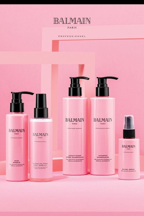 Five bottles of Balmain Hair Professional hair care range on a pink background. Balmain Hair Extensions, Hair Keratin, Balmain Hair, Damaged Hair Repair, Hair Care Routine, Argan Oil, Damaged Hair, Human Hair Extensions, Almond Oil