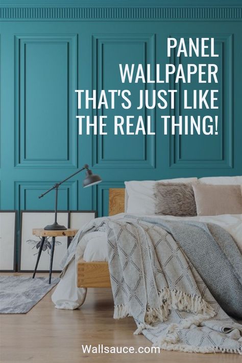 Wall Panel Effect Wallpaper, Colorful Wainscoting Ideas, Wood Panel Wallpaper Bedroom, Panelled Wallpaper Bedroom, Peel And Stick Wainscoting, Wainscoting With Wallpaper, Panelled Wallpaper, Wainscoting Wallpaper, Peel And Stick Wall Panels