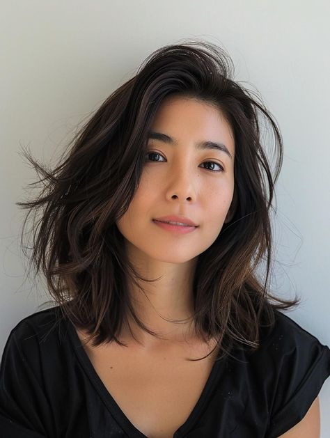 Asian Mom Haircut, Haircut Inspiration Mid Length Straight, Asian Shoulder Length Hair With Layers, Long Bob With Long Layers, Short Fine Wavy Hair, Lob With Long Layers, Shoulder Length Hair Asian, Asian Lob Haircut, Lob Wavy Hair