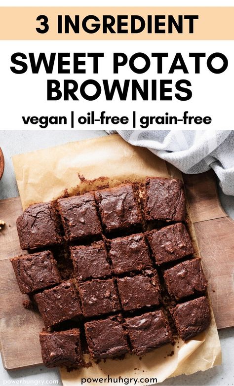 Vegan 3 ingredient sweet potato brownies that are equal parts decadent & healthy! They are oil-free, grain-free, gluten-free & Paleo. #veganbrownies #wfpb #wfpbno #brownies #3ingredients #3ingredientrecipe #3ingredientbrownies #oilfreebrownies #oilfree #grainfree #glutenfree #paleovegan #palebrownies Sweet Potato Brownies Healthy, 3 Ingredient Brownies, Sweet Potato Dessert, Potato Brownies, Healthy Sweet Potato, Gluten Free Sweet Potato, Sweet Potato Brownies, Protein Brownies, Healthy Brownies