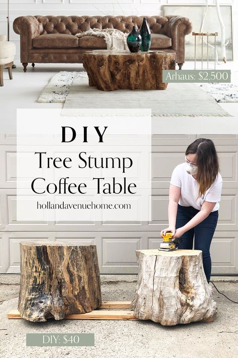 DIY Tree Stump Coffee Tables: One Room Challenge Week 2 | Holland Avenue Home Tree Stump Coffee Table, Stump Coffee Table, Tree Stump Table, Wood Stumps, Stump Table, Coffee Table Size, Diy Tree, House Decor Rustic, Creation Deco