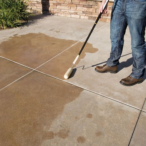 Learn how to stain concrete to revive your patio, walkway or garage. This guide outlines how to stain a concrete floor and gives concrete staining tips. Concrete Staining Outdoor, Stain Outdoor Concrete, Concrete Porch Stain, Staining Cement Patio, Stained Concrete Outdoor, Staining Outdoor Concrete, Stained Patio Concrete, Outdoor Stained Concrete, How To Stain Concrete Patio