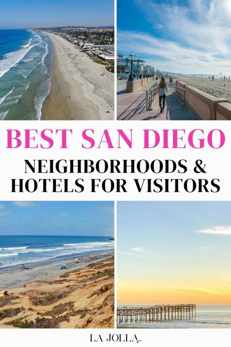 A collage showcasing San Diego's scenic beaches, piers, and beachfront walkways under clear blue skies. Hotels In California, San Diego Neighborhoods, San Diego Hotels, San Diego Vacation, San Diego Travel, Beachfront Hotels, Quiet Beach, Dream Trip, Top Hotels