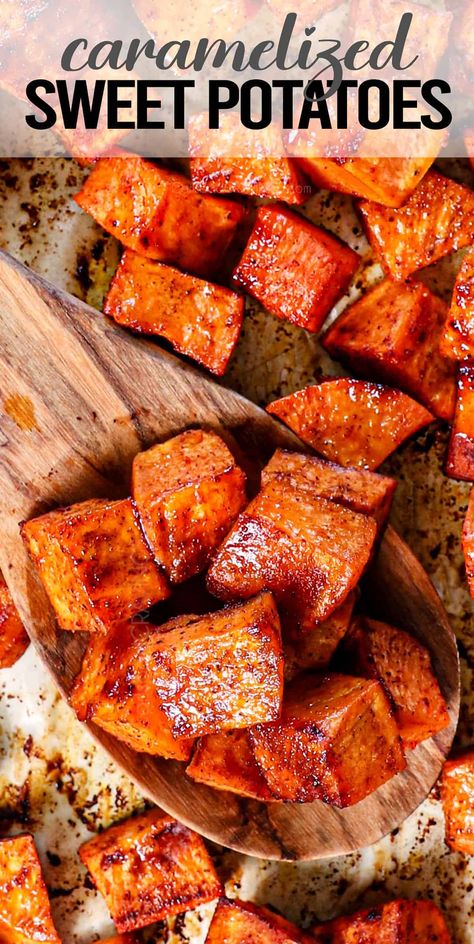 You'll want to inhale these caramelized, tender, roasted sweet potatoes daily, prepped in less than 15 minutes with pantry-friendly spices, and ZERO dishes to wash!  #sweetpotatoes #sweetpotato #sweetpotatorecipe #sweetpotatorecipes #sidedish #sidevegetable #holidayrecipe #holidayside #thanksgivingside #healthyeating #healtyrecipe #healthyrecipes #healthylifestyle Roasted Sweet Potato Thanksgiving Recipes, Best Oven Roasted Sweet Potatoes, Sweet Roasted Sweet Potatoes, Sweet Potato Can Recipes, Paleo Thanksgiving Sweet Potatoes, Thanksgiving Recipes Side Dishes Sweet Potatoes, Roasted Thanksgiving Sweet Potatoes, Sweet Potato Recipes Thanksgiving Cubed, Roast With Sweet Potatoes Crockpot