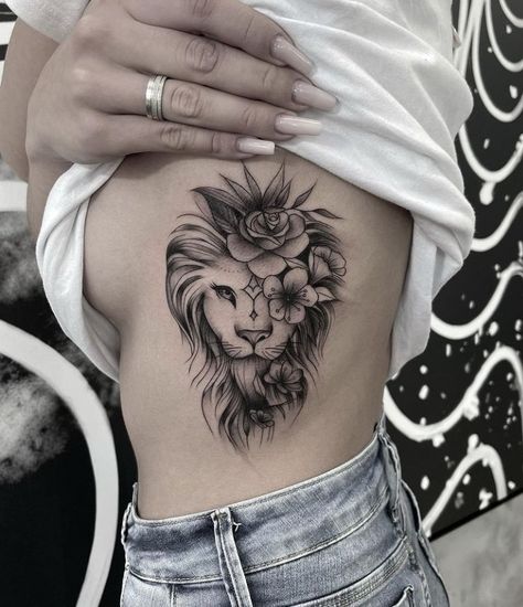 Female Ribs Tattoo Ideas, Lion Tattoo For Women Chest, Lion Crown Tattoo For Women, Side Rib Tattoo Cover Up, Lion Tattoo For Women Ribs, Lion Side Tattoo Women, Best Side Tattoos For Women, Female Lion Tattoo With Crown, Feminine Beauty Tattoo