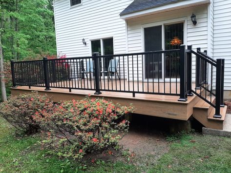 Composite Deck Ideas, Black Stair Railing, Deck Rails, Black Stairs, House Makeovers, Patio Deck Designs, Wooden Deck, Composite Deck, House Updates