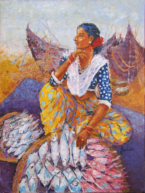 Jyotika Shroff Acrylic Painting —  The Fisher Woman, 30" x 40" "Koli" The fisherwomen of Mumbai! Restaurant Wall Painting, Bedouin Art, Elephant Cartoon Images, Market Sketch, Mumbai Travel Guide, Street Seller, Pictorial Composition, Random Activities, Crawford Market