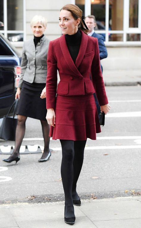 Burgundy Beauty from Kate Middleton's Best Looks The Duchess visitsed UCL Developmental Neuroscience Lab at UCL London in a burgundy Paule Ka blazer and skirt paired with a black turtleneck, tights and heels. Ducesa Kate, Kate Middleton Stil, Style Kate Middleton, Kate Middleton Queen, Duchesse Kate, Herzogin Von Cambridge, Looks Kate Middleton, Duchesse Catherine, Kate And Pippa