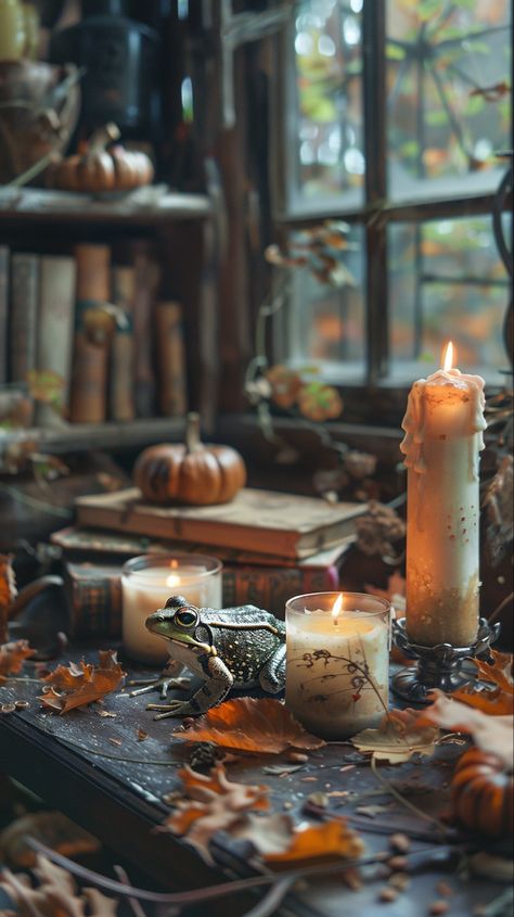 A frog, books and candles on the witch's table Witch's Table, Witches Hut, Witches Lair, Witch Hut, Witch Potion, Herbal Magic For Wiccans, Fortune Telling Cards, Halloween Table, Wild Woman