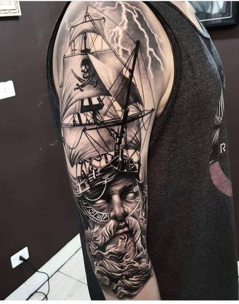 Pirate Tattoo Sleeve, Ship Tattoo Sleeves, Pirate Ship Tattoos, Nautical Tattoo Sleeve, Left Arm Tattoos, Poseidon Tattoo, Create A Tattoo, Pirate Tattoo, Rose Tattoos For Men