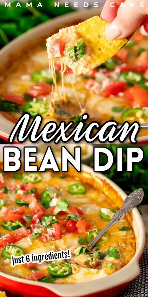 This six-ingredient Hot Mexican Bean Dip is a tasty party dip that is made with refried beans, a mixture of melted cheese, and jalapeno peppers. Refried beans, cream cheese, Monterey Jack cheese, and a few other simple ingredients are mixed together and topped with tomatoes, sliced jalapenos, and cilantro. This recipe is the perfect dip you will absolutely love! Check out this flavorful, mouthwatering recipe and enjoy it! Bean Dip Recipes Refried, Hot Bean Dip, Bean Cheese Dip, Mexican Bean Dip, Mexican Dip Recipes, Refried Bean Dip, Layered Bean Dip, Refried Beans Recipe, Bean Dip Recipes