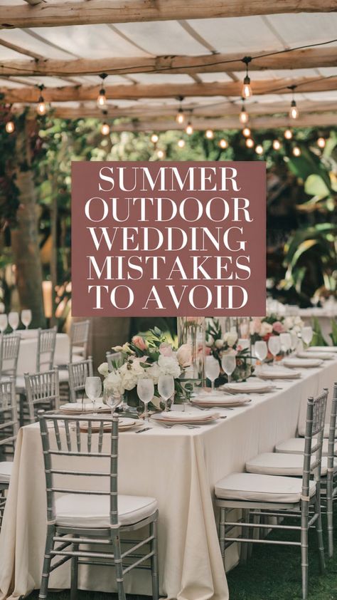 An outdoor summer wedding scene with a table set with centerpieces and dinnerware. Greenery surrounds in the background and an overhead pergola with party lights shine down. Diy Alters Wedding Outdoor Ceremony, June Wedding Ideas Outdoor, Summer Wedding Tips, Garage Wedding Reception, May Outdoor Wedding, Simple Outdoor Wedding Reception, Summer Wedding Outdoor Ceremony, June Outdoor Wedding, Wedding Ceremony Ideas Outdoor