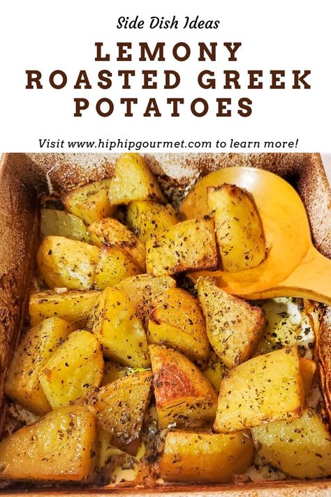 dish of roasted potato chunks seasoned with oregano, lemon, garlic, salt, pepper and olive oil, greek style Roasted Potatoes In Oven, Greek Easter Recipes, Gold Potato Recipes, Greek Side Dishes, Greek Style Potatoes, Greek Roasted Potatoes, Greek Night, Greek Lemon Potatoes, Best Side Dish