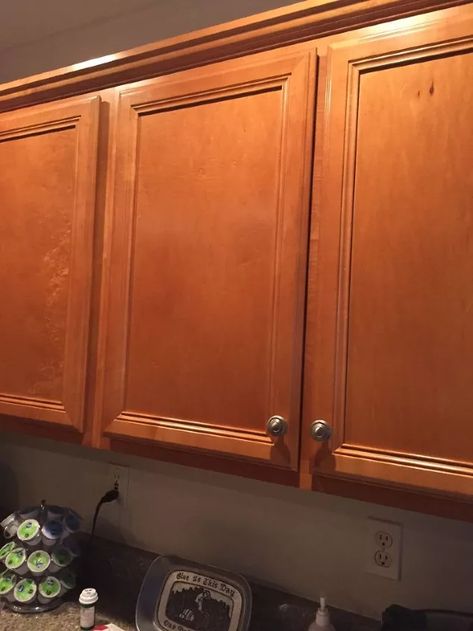 Best upgrade for Maple kitchen cabinets? | Hometalk How To Paint Maple Kitchen Cabinets, Honey Spice Maple Kitchen Cabinets, Maple Kitchen Cabinets With Black Hardware, Painted Maple Cabinets Before And After, Restaining Kitchen Cabinets Maple, Maple Cabinets Stain Colors, Painting Maple Cabinets, Orange Brown Kitchen Cabinets, Maple Cabinet Hardware