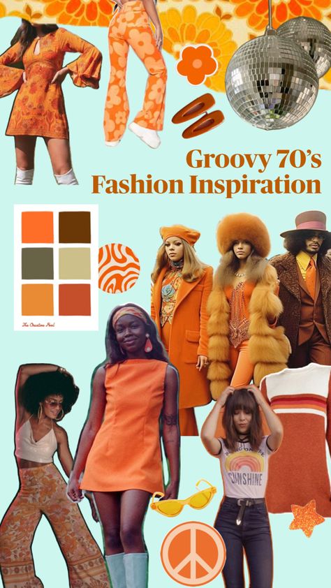 An inspiring collage featuring 70s fashion trends with a dominant orange color scheme. ​The image showcases a variety of iconic styles including flared pants, psychedelic prints, suede jackets, and platform shoes, all reflecting the dynamic and revolutionary spirit of the 1970s. Perfect for those interested in vintage fashion and adding a retro flair to their wardrobe. Platforms Outfit, 70’s Outfit, Inspiration Collage, 70s Shoes, Orange Color Schemes, Disco Fashion, Outfits 70s, 70s Inspired Fashion, Orange Pants