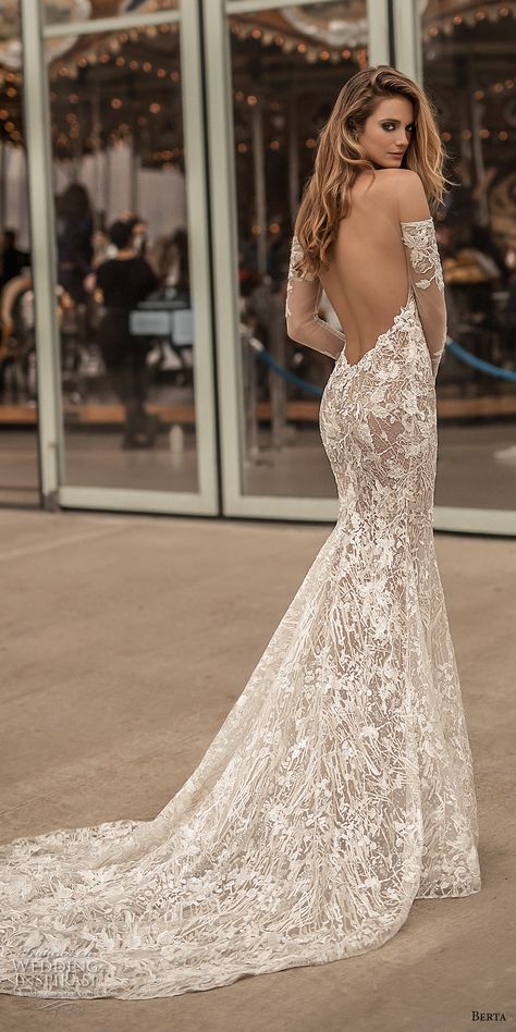 berta spring 2018 bridal long sleeves off the shoulder sweetheart neckline full embellishment sexy elegant fit and flare wedding dress open low back medium train (3) bv -- Berta Spring 2018 Wedding Dresses Berta Wedding Dress, Berta Bridal, Wedding Dresses 2018, Fit And Flare Wedding Dress, Trendy Wedding Dresses, Sweetheart Wedding Dress, Backless Wedding, Fitted Wedding Dress, A Wedding Dress