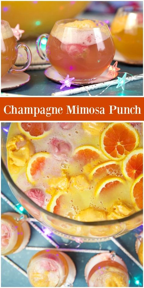 Easy Champagne Mimosa Punch recipe from RecipeGirl.com #easy #champagne #mimosa #punch #recipe #RecipeGirl via @recipegirl Mimosa Punch For A Crowd, Mimosa Punch Recipe, Fun Mimosas, Spicy Mimosa, Mimosa Punch, Champagne Punch Recipes, Champagne Mimosa, Alcoholic Punch Recipes, Champagne Punch