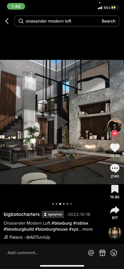 Dark Modern Mansion Bloxburg, Dark Modern Bloxburg House Interior, Industrial House Bloxburg, Modern Blocksburg House, Modern Bloxburg Interior, Bloxburg Loft House, Loft Bloxburg, Bloxburg House Ideas Mansion Layout, Interior Bloxburg