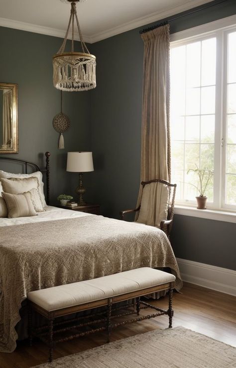 Warm Gray Bedroom, Wrought Iron Bedroom Ideas, European Bedroom Aesthetic, 1800s Bedroom, Cottage Bedroom Aesthetic, Vintage Bedroom Decor Ideas, Wrought Iron Bed Frame, Modern Victorian Bedroom, Bed Frame Velvet