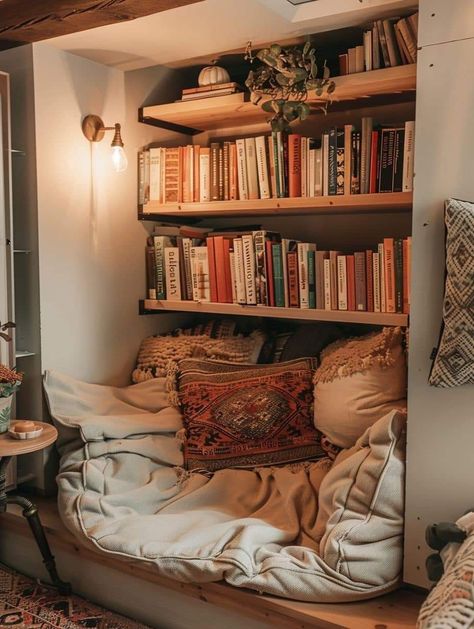 Spanish Style Reading Nook, Reading Cubby Cozy Nook, Bedroom Closet Reading Nook, Small Library Nook Ideas, Bedroom With Reading Chair, Industrial Reading Nook, Reading Nook Lighting, Reading Space In Bedroom, Bedroom Nook Ideas Master