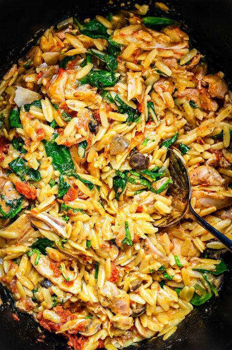 Close up on Crockpot Tuscan chicken pasta with orzo and spinach Orzo And Spinach, Crockpot Tuscan Chicken, Chicken Orzo Pasta, Tuscan Chicken Recipe, Sundried Tomato Chicken, Slow Cooker Pasta Recipes, Crockpot Chicken Thighs, Sundried Tomato Pasta, Crockpot Pasta