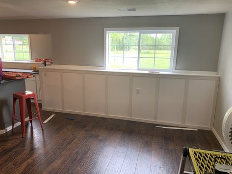 Lower Level Family Room Ledge, Basement Window Ledge, Basement Half Wall Ledge Built Ins, Basement Wall Ledge, Basement With Ledge Half Walls, Basement Ledge Wall Ideas, Half Wall Ledge Ideas, Basement Half Wall Ledge Ideas, Basement Ledge