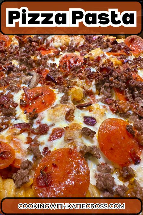 This Pizza Pasta is an easy and highly customizable delicious meal for all the pizza lovers out there! Pizza Pasta Skillet, Supreme Pizza Pasta Bake, Pizza Pasta Bake Casserole, Pizza Bake Casserole, Pizza Hotdish, Spagetti Pizza, Supreme Pizza Pasta, Main Dish Meals, Pizza Macaroni