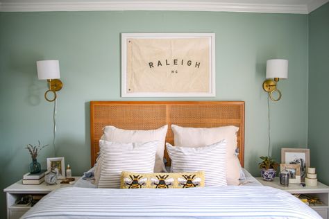 New Year’s Bedroom Refresh with Clare Paint Small Bedroom Look Bigger, Clare Paint, Best Blue Paint Colors, Timeless Paint Colors, Future Bedroom, Rattan Headboard, Blue Paint Colors, Green Paint Colors, Pallet Decor