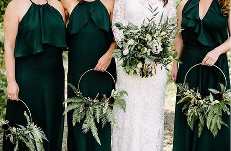 Emerald Green Bridesmaids' Dresses & Fern Hoop Bouquets   #bridesmaids #emeraldgreen #ferns #weddingflowers #weddingcolorscheme #greenwedding #fallwedding #winterwedding #bellabridesmaids #akroncantonwedding Celtic Wedding Ideas, Irish Wedding Ideas, Brides Wedding Bouquets, Wedding Bouquets Diy, Glamping Weddings, Wedding Bouquets Ideas, Bouquets Diy, Bouquets Ideas, Green Themed Wedding