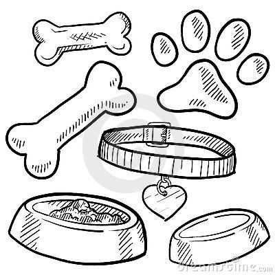 Pet dog items sketch by Lhfgraphics, via Dreamstime Dog Collar Sketch, Dog Bone Tattoo, Dog Bone Drawing, Dog Collar Drawing, Bone Doodle, Pets Furniture, Bone Drawing, Dog Accesories, Dogs Stuff