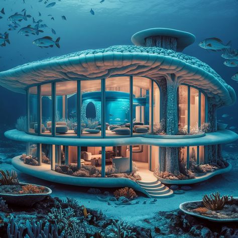 A stunning photo of an underwater aquatic architecture-style home, featuring glass walls that provide a panoramic view of the marine life outside. The architectural design seamlessly integrates with the surrounding ocean environment, featuring a coral-like exterior, blue-lit interior, and a variety of marine plants and corals. The home is surrounded by a vibrant coral reef, with schools of fish swimming gracefully around the property. The overall atmosphere is serene and inviting. Aquatic Architecture, Underwater Home, Ocean Environment, Schools Of Fish, Fantasy Short Stories, Underwater House, Island Homes, Speculative Design, Marine Plants