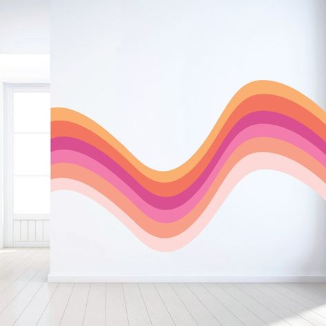 Wavy Retro Stipe Wall Decal Colorful Rainbow Wall Art Sticker Retro Rainbow Wall Decal Nursery Rainbow Wall Sticker - Etsy Accent Art Wall, 70s Wavy Wall Art, Retro Wall Decals, Wavy Accent Wall, Rainbow Wall Design, Preppy Accent Wall, Wavy Wall Design, Simple Diy Wall Mural, Swirly Wall Paint