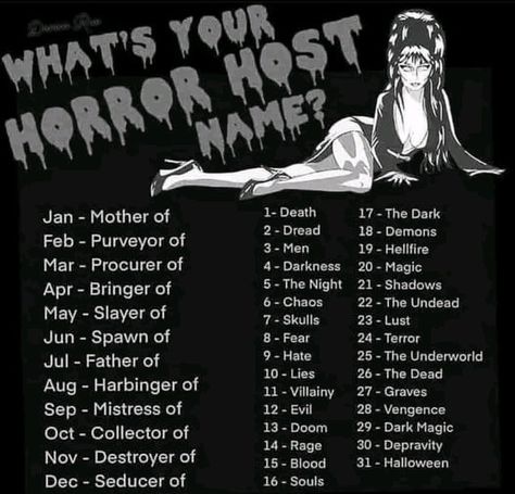 💀👇Post your Horror Host Name below.👇💀 Goth Nicknames, Display Names, Halloween Memes, Story Starters, The Underworld, Rock Groups, Underworld, I Don T Know, The Conjuring