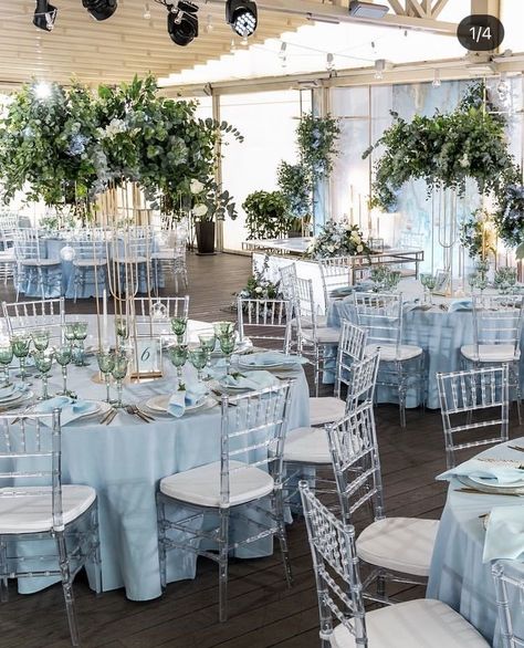 Baby Blue Engagement Decoration, Blue And White Wedding Venue Ideas, Sky Blue Theme Birthday Party, Powder Blue Theme Wedding, Dusty Blue Tablecloth Wedding, Light Blue And White Wedding Decorations, Pastel Blue Wedding Decorations, Light Blue Bridal Dress, Light Blue 15 Decorations