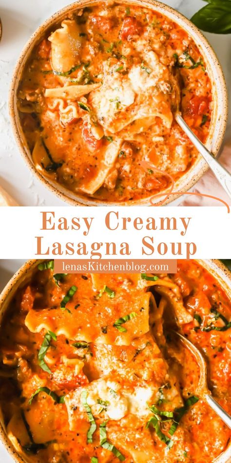 This Easy Creamy Lasagna Soup​​ is picky-eater approved! Made with a comforting mix of ground beef, Italian herbs, cream, and lasagna noodles, every bite has all of the flavors of lasagna but is ready to eat in half the time. Stovetop, Instant Pot, and slow cooker instructions included. Easy One Pot Lasagna Soup, Dump And Go Creamy Lasagna Soup, Tuscan Lasagna Soup, Yummy Fast Dinners, Cold Day Dinner Recipes, Lasagna Soup With Oven Ready Noodles, Lasagna Soup With Pasta Sauce, Croc Pot Lasagna Soup, Meals With Lasagna Noodles