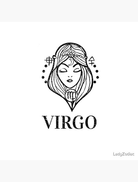 White background with black graphics. In bold font reads 'Virgo'. Above is the image of a ladies head with long hair and a headband across her forehead. On the band is a crescent moon. Below in her hair is the zodiac symbol for Virgo. Virgo Easy Drawings, Virgo Lady Tattoo, Virgo Maiden Tattoo, Virgo Drawings, Virgo Drawing, Virgo The Maiden, Virgo Maiden, Virgo Design, Virgo Queen