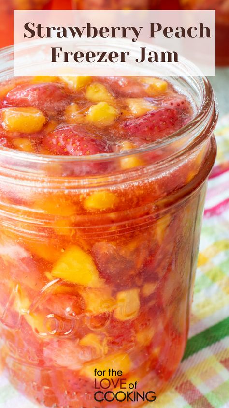 Strawberry Peach Freezer Jam, Strawberry Banana Freezer Jam, Peach Freezer Recipes, Fresh Peach Jam Recipe, Freezer Jams And Jelly Recipes, Freezer Peaches, Peach Freezer Jam Recipe, Strawberry Peach Jam, Freezer Jams